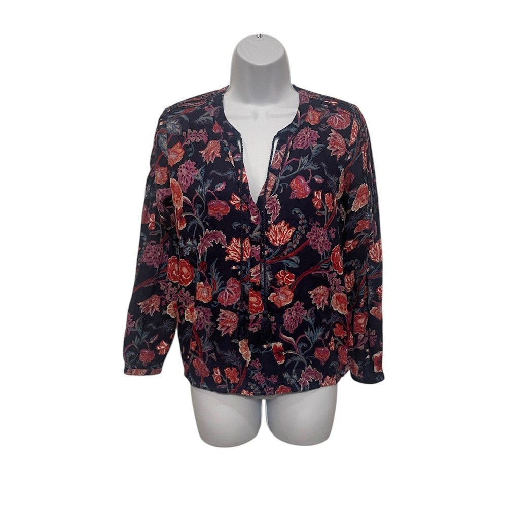 Lucky Brand Floralβ Print V Neck Tassel Blouse Top Womens XS Navy Red Pink Blue